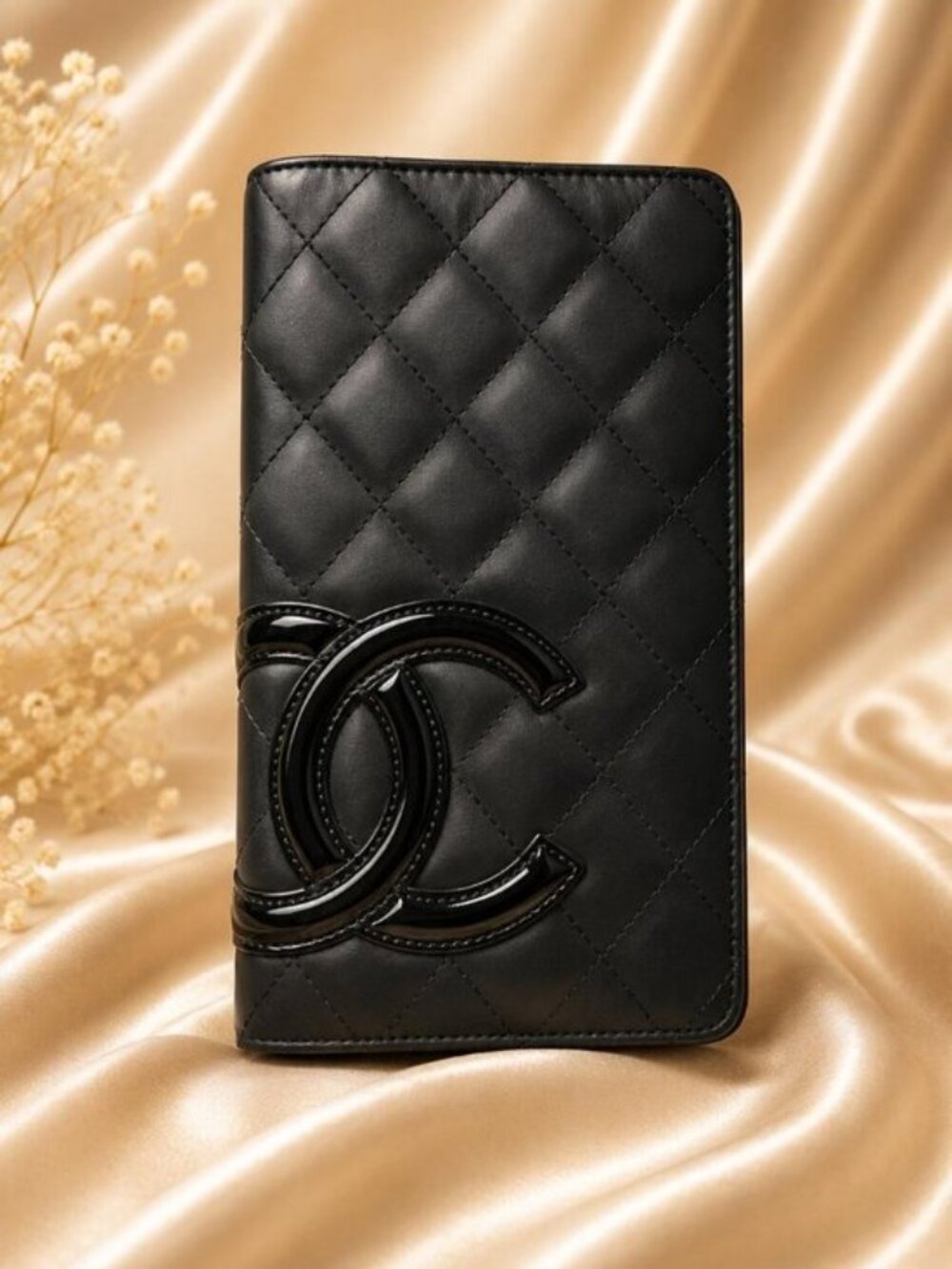 Authentic Chanel Cambon Ligne Black Quilted Lambskin Long Wallet CC Logo